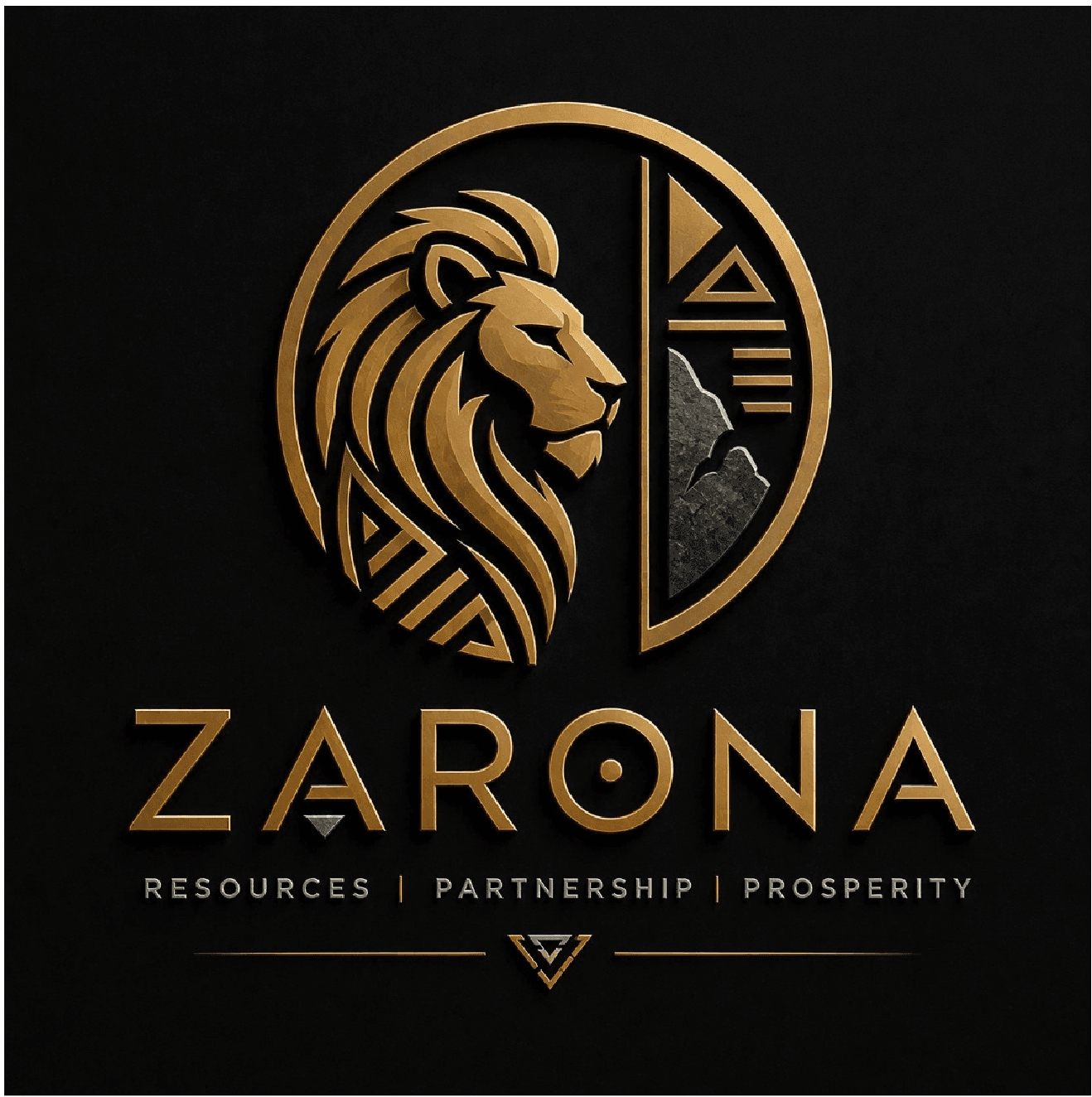 Zarona Resources: a gold lion emblem beside a stylised ore face, with the words Resources, Partnership, Prosperity